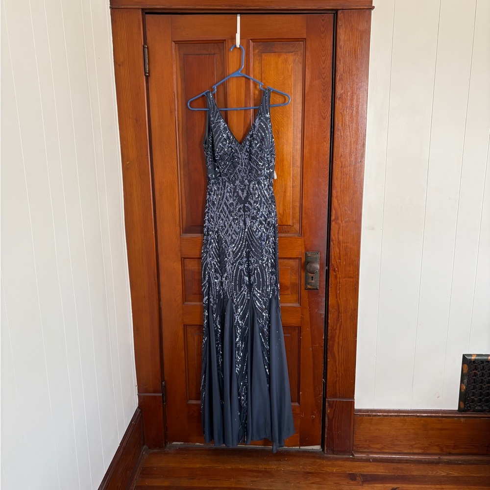 Signature Navy Blue Beaded V-Neck Prom Gown